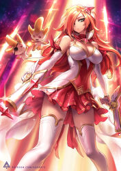 Rule 34 | 1girl, bare shoulders, breasts, choker, cleavage, detached sleeves, green eyes, gun, hair ornament, hair over one eye, handgun, highres, holding, holding gun, holding weapon, league of legends, long hair, looking at viewer, magical girl, medium breasts, miss fortune (league of legends), oopartz yang, orange hair, patreon username, pistol, red choker, red skirt, skirt, solo, standing, star (symbol), star guardian (league of legends), star guardian miss fortune, star hair ornament, thighhighs, weapon, white thighhighs, zettai ryouiki