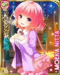Rule 34 | 1girl, alternate costume, black bow, bow, breasts, flower, girlfriend (kari), hand on chest, jacket, large breasts, lights, looking at viewer, night, nitta moeka, official art, open mouth, outdoors, pink bow, pink hair, pink skirt, purple eyes, purple jacket, handbag, qp:flapper, rose, shirt, short hair, skirt, smile, standing, tagme, white shirt