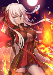 Rule 34 | 1girl, ahoge, asymmetrical legwear, black thighhighs, bow, breasts, brown bow, cleavage, closed mouth, commentary request, dark-skinned female, dark skin, dress, fate/grand order, fate (series), fire, glowing, glowing sword, glowing weapon, gogatsu fukuin, grey eyes, hair between eyes, hair bow, hair ornament, highres, holding, holding sword, holding weapon, koha-ace, large breasts, long hair, looking at viewer, okita souji (fate), okita souji alter (fate), red dress, single thighhigh, solo, sword, tassel, thighhighs, uneven legwear, v-shaped eyebrows, very long hair, weapon, white hair