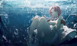 Rule 34 | 1girl, absurdres, arknights, bare legs, bare shoulders, barefoot, blue eyes, blue poison (arknights), blue poison (shoal beat) (arknights), braid, bubble, commentary request, crop top, highres, jacket, long hair, long sleeves, looking at viewer, off shoulder, official alternate costume, pink hair, short shorts, shorts, solo, twin braids, twintails, underwater, yajuu
