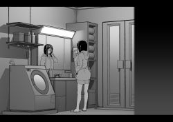 Rule 34 | 1girl, bathroom, blush, breasts, brushing teeth, closed eyes, closed mouth, faucet, from behind, from side, glasses, greyscale, hand in pocket, highres, hood, hoodie, large breasts, letterboxed, mirror, mixed-language commentary, monochrome, original, reflection, sashizume soutarou, shelf, slippers, toothbrush, washing machine