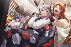 Rule 34 | 4girls, absurdres, alternate costume, alternate hairstyle, animal ears, arknights, black gloves, black kimono, blue hair, brown eyes, brown hair, cat ears, ch&#039;en (arknights), closed eyes, closed mouth, commentary request, curtains, dutch angle, fang, floral print, flower, from below, fur collar, gloves, green hair, hair bun, hair flower, hair ornament, half gloves, hands on another&#039;s shoulders, hands up, highres, horns, hoshiguma (arknights), indoors, japanese clothes, kimono, laughing, light blush, light smile, long hair, long sleeves, looking at another, looking at viewer, mudrock (arknights), multiple girls, obi, obijime, oni, open mouth, parted lips, pointy ears, red eyes, ryat, sash, sidelocks, single hair bun, single horn, sitting, skin-covered horns, skin fang, smile, spots, standing, swire (arknights), swirl, thumbs up, white hair, wide sleeves, yellow kimono