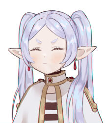 Rule 34 | 1girl, blush, capelet, closed mouth, earrings, elf, eyelashes, forehead, frieren, gold trim, grey hair, jewelry, long hair, looking at viewer, oto1 030, parted bangs, pointy ears, pout, shadow, shirt, short eyebrows, sidelocks, simple background, solo, sousou no frieren, striped clothes, striped shirt, thick eyebrows, twintails, upper body, v-shaped eyebrows, white background, white capelet