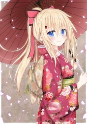 Rule 34 | 10s, 1girl, absurdres, alternate costume, alternate hairstyle, bismarck (kancolle), blonde hair, blue eyes, bow, commentary request, hair bow, hair ornament, hair ribbon, hairclip, highres, holding, japanese clothes, kantai collection, kimono, long hair, looking at viewer, new year, oil-paper umbrella, outside border, petals, ponytail, ribbon, smile, solo, umbrella, yamiarisu