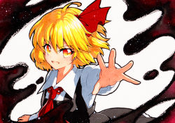 Rule 34 | 1girl, :d, ahoge, ascot, bad id, bad pixiv id, black skirt, black vest, blonde hair, fang, gradient eyes, hair ribbon, long sleeves, looking at viewer, multicolored eyes, open mouth, outstretched arm, outstretched hand, qqqrinkappp, red ascot, red eyes, red ribbon, ribbon, rumia, shirt, short hair, skin fang, skirt, smile, solo, touhou, traditional media, upper body, v-shaped eyebrows, vest, white background, white shirt, yellow eyes