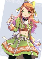 Rule 34 | 1girl, black pantyhose, bow, commentary request, cowboy shot, crop top, etie (fire emblem), fire emblem, fire emblem engage, gogatsu (yeaholiday), green bow, green eyes, green shirt, green skirt, hair bow, hand up, highres, long hair, long sleeves, looking at viewer, midriff, navel, nintendo, orange hair, pantyhose, shirt, skirt, smile, solo, standing, stomach, tiara