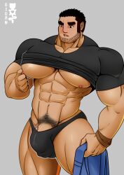 Rule 34 | 1boy, abs, absurdres, artist name, bara, beard, biceps, black eyes, black hair, blush, bracelet, bulge, clothes lift, facial hair, feet out of frame, gigan (uramakigigan), grey background, highres, huge pectorals, jewelry, lucas lee, male focus, male swimwear, manly, mature male, muscular, muscular male, nipple stimulation, nipple tweak, nipples, pants, pectorals, penis base, pubic hair, scott pilgrim (series), scott pilgrim takes off, shirt, shirt lift, short hair, signature, simple background, solo, spiked hair, swim briefs, thick arms, thick eyebrows, thick thighs, thighs, veins