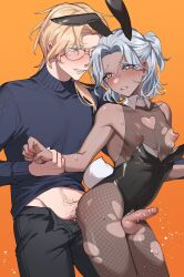 Rule 34 | 2boys, anal, animal ears, bare shoulders, black leotard, blonde hair, blue shirt, blush, bodysuit, cleavage cutout, clothing cutout, collarbone, covered erect nipples, cowboy shot, crossdressing, crotchless, crotchless leotard, erection, fake animal ears, fishnet bodysuit, fishnet pantyhose, fishnets, forehead, glasses, gradient background, grey eyes, grey hair, highres, holding another&#039;s wrist, leotard, long hair, male focus, male penetrated, medium hair, ming (5unri5e666), multiple boys, orange background, original, pantyhose, parted bangs, penis, playboy bunny, ponytail, puffy nipples, rabbit ears, sex, sex from behind, shirt, standing, standing sex, strapless, strapless leotard, teeth, thighs, torn bodysuit, torn clothes, torn pantyhose, trap, uncensored, yaoi