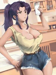 Rule 34 | 1girl, :/, artist name, belt, blue shorts, blurry, blurry background, breasts, brown belt, brown eyes, casual, cleavage, cup, cutoffs, denim, denim shorts, drinking glass, female focus, glass, holding, holding cup, katsuragi misato, kitchen, large breasts, long hair, milk, miss faves, neon genesis evangelion, no bra, official alternate costume, ponytail, purple hair, short shorts, shorts, solo, tank top, yellow tank top