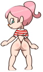 Rule 34 | 1girl, animal crossing, aqua eyes, arms at sides, ass, barefoot, bikini, bikini bottom only, clenched hands, closed mouth, female focus, from behind, full body, highleg, highleg bikini, highres, looking back, looking down, nintendo, pink hair, ponytail, profile, red bikini, red shirt, shirt, short hair, short sleeves, sidelocks, simple background, solo, standing, striped clothes, striped shirt, swimsuit, tied shirt, vilepluff, villager (animal crossing), white background