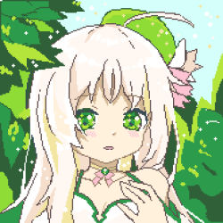 Rule 34 | 1girl, absurdres, ahoge, bare shoulders, blue sky, blush, breasts, cleavage, collarbone, commentary request, day, dress, green eyes, hand up, highres, kiri sakura, light brown hair, long hair, looking at viewer, medium breasts, original, outdoors, parted lips, pixel art, plant, sky, solo, white dress