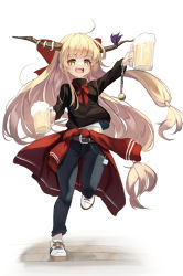 Rule 34 | 1girl, :d, ahoge, alcohol, beer, beer mug, belt, black sweater, blonde hair, bow, brick floor, brown belt, casual, clothes around waist, contemporary, cuffs, cup, denim, full body, hair bow, highres, holding, holding cup, horn ornament, horn ribbon, horns, ibuki suika, jeans, long hair, lumo 1121, midriff peek, mug, neck ribbon, oni horns, open mouth, pants, red bow, red ribbon, red sweater, ribbon, shackles, shoes, simple background, smile, sneakers, sweater, sweater around waist, touhou, very long hair, white background, white footwear, yellow eyes