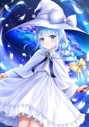 Rule 34 | 1girl, blue eyes, blue hair, blunt bangs, blush, bow, braid, brooch, cloak, dress, frilled dress, frills, galaxy, hair bow, hat, hat bow, highres, holding, holding wand, hood, hooded cloak, jewelry, long sleeves, looking at viewer, night, night sky, original, parted lips, petals, skirt hold, sky, smile, solo, star (sky), starry sky, wabi chazuke, wand, witch, witch hat
