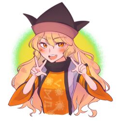 Rule 34 | 1girl, black hat, blonde hair, blush, constellation print, double v, hat, highres, long hair, matara okina, open mouth, orange sleeves, satsuki mei (17maymay14), smile, solo, tabard, teeth, touhou, upper body, upper teeth only, v, wide sleeves, yellow eyes