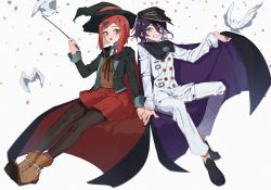 Rule 34 | 1boy, 1girl, :d, bird, black cape, black footwear, black jacket, black pantyhose, brown vest, buttons, cape, cape lift, collared shirt, commentary request, confetti, danganronpa (series), danganronpa v3: killing harmony, double-breasted, dove, grin, hair ornament, hand up, hat, highres, holding, holding hands, holding wand, invisible chair, jacket, jazy, lifted by self, long sleeves, looking at another, miniskirt, open mouth, oma kokichi, pants, pantyhose, peaked cap, purple eyes, purple hair, red cape, red eyes, red hair, red headwear, red skirt, shirt, shoes, short hair, simple background, sitting, skirt, smile, straitjacket, vest, wand, white background, white jacket, white pants, white shirt, witch hat, yumeno himiko