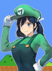 Rule 34 | 1girl, blouse, blue eyes, blue hair, blue hat, blue overalls, blue shirt, blue sky, blush, character request, closed mouth, commentary request, cosplay, day, gloves, green hat, green shirt, hand on headwear, hand on own hip, hat, highres, kantai collection, long sleeves, looking at viewer, luigi, luigi (cosplay), mario (series), masukuza j, nintendo, outdoors, outline, overalls, shirt, short hair, sky, smile, solo, super mario bros. 1, twintails, upper body, white gloves, white outline