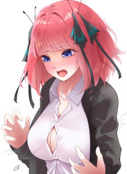 Rule 34 | 1girl, black cardigan, black ribbon, blue eyes, blush, breasts, bursting breasts, butterfly hair ornament, button gap, cardigan, collared shirt, dress shirt, foreshortening, go-toubun no hanayome, hair ornament, hair ribbon, hands up, highres, large breasts, medium hair, motion lines, nakano nino, open cardigan, open clothes, open mouth, pink hair, popped button, ribbon, shirt, simple background, solo, tongue, upper body, white shirt, wing collar, zr04
