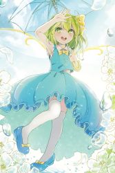 Rule 34 | 1girl, adapted costume, alternate costume, arm up, blush, bow, bowtie, bubble skirt, daiyousei, fairy wings, flower, full body, gradient background, green eyes, green hair, hair ornament, hair ribbon, highres, long skirt, looking at viewer, matching hair/eyes, nig 18, open mouth, petals, ribbon, shirt, shoes, short hair, side ponytail, skirt, skirt set, sleeveless, smile, solo, thighhighs, touhou, umbrella, white thighhighs, wings, zettai ryouiki