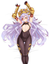 Rule 34 | 1girl, armor, armpits, arms up, blush, bodysuit, breasts, cameltoe, covered navel, elbow gloves, gloves, gluteal fold, gold trim, granblue fantasy, hair between eyes, headpiece, highres, light purple hair, long hair, looking away, lying, medusa (shingeki no bahamut), nipples, on back, pointy ears, red eyes, red gloves, shingeki no bahamut, skin tight, small breasts, solo, thigh gap, thighs, very long hair, wide hips, zaxwu