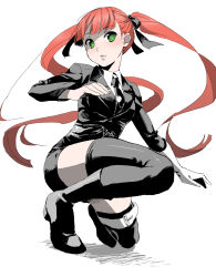 Rule 34 | 10s, 1girl, arcana famiglia, black thighhighs, blush, boots, felicita, formal, full body, gloves, green eyes, highres, ikuwataru nagomi, long hair, parted lips, red hair, simple background, single glove, solo, squatting, suit, thigh strap, thighhighs, twintails, white background, white gloves