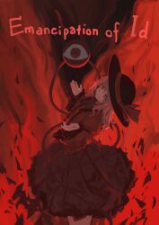 Rule 34 | 1girl, absurdres, black hat, blue eyes, buttons, center frills, chinese commentary, closed mouth, collared shirt, commentary request, cowboy shot, english text, fire, frilled skirt, frilled sleeves, frills, grey hair, hat, hat ribbon, hell, high-waist skirt, highres, komeiji koishi, leaning back, long hair, long sleeves, looking at viewer, miniskirt, outstretched hand, pleated skirt, red background, ribbon, shards, shirt, simple background, skirt, sleeves past wrists, smile, solo, third eye, touhou, wide sleeves, xii yashizhongzhan, yellow ribbon, yellow shirt