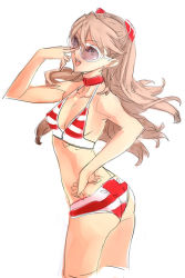Rule 34 | 1girl, :d, adjusting eyewear, ass, bikini, brown hair, choker, female focus, flat chest, glasses, hand on own hip, hip focus, long hair, looking back, neon genesis evangelion, nishieda, open mouth, simple background, smile, solo, souryuu asuka langley, striped bikini, striped clothes, sunglasses, swimsuit, white background