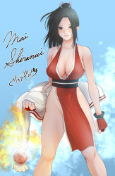 Rule 34 | 1girl, bare shoulders, blue sky, breasts, brown eyes, brown hair, character name, cleavage, closed mouth, cloud, collarbone, commentary request, day, fatal fury, female focus, fire, highres, holding, japanese clothes, legs apart, light smile, lips, long hair, looking at viewer, matching hair/eyes, medium breasts, ninja, outdoors, parted bangs, pelvic curtain, ponytail, revealing clothes, sakuraginga, shiranui mai, sky, solo, standing, the king of fighters