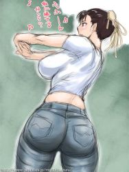Rule 34 | 1girl, ass, back, black eyes, black hair, blush, breasts, bun cover, capcom, casual, chun-li, cowboy shot, curvy, denim, double bun, from behind, own hands clasped, huge ass, huge breasts, jeans, large breasts, miyabi tsuzuru, music, own hands together, pants, plump, profile, shirt, short hair, sideboob, singing, sketch, smile, solo, standing, street fighter, stretching, t-shirt, translated