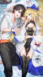 Rule 34 | 1boy, 1girl, ahoge, artoria caster (fate), artoria caster (third ascension) (fate), artoria pendragon (fate), blonde hair, blue bow, blue ribbon, bow, breasts, commission, dress, facial mark, fate/grand order, fate (series), forehead mark, fujimaru ritsuka (male), fujimaru ritsuka (male) (summer street), galibo, green eyes, hair between eyes, hair bow, highres, hood, hoodie, long hair, long sleeves, lying, medium breasts, on back, pants, pixiv commission, ribbon, smile, white dress, white hoodie