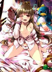 Rule 34 | 1girl, ;d, absurdres, barefoot, bed, blush, breasts, brown hair, feet, gouda nagi, highres, long hair, looking at viewer, nipples, one eye closed, open mouth, pajamas, panties, red eyes, scan, sitting, small breasts, smile, solo, stuffed animal, stuffed rabbit, stuffed penguin, stuffed toy, sunlight, teddy bear, underwear, wariza, wink