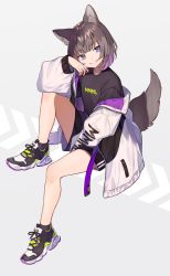 Rule 34 | 1girl, animal ears, blush, breasts, brown hair, jacket, looking at viewer, medium breasts, open mouth, original, purple eyes, shirt, short hair, shugao, sitting, smile, solo, tail, wolf ears, wolf tail