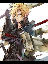 Rule 34 | 1boy, armor, black gloves, black shirt, blonde hair, blue eyes, cloud strife, dual wielding, earrings, fighting stance, final fantasy, final fantasy vii, final fantasy vii advent children, first ken, fusion swords, gloves, hair between eyes, high collar, holding, holding sword, holding weapon, jewelry, letterboxed, looking at viewer, male focus, shirt, short sleeves, shoulder armor, shoulder strap, single earring, solo, spiked hair, square enix, sword, tama (tmfy5), twitter username, upper body, weapon, white background