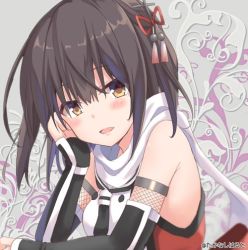 Rule 34 | 10s, 1girl, bare shoulders, black hair, black neckerchief, blush, brown eyes, commentary, elbow gloves, fingerless gloves, from side, gloves, hair between eyes, hair ornament, kantai collection, looking at viewer, neckerchief, necktie, scarf, sendai (kancolle), sendai kai ni (kancolle), sleeveless, solo, takanashi haruto, twitter username, upper body, white scarf