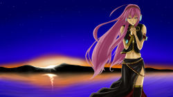Rule 34 | 1girl, :o, ahoge, armband, artist request, bare arms, belt, black skirt, black thighhighs, blue eyes, detached sleeves, female focus, half-closed eyes, headphones, highres, long hair, long skirt, looking down, megurine luka, midriff, navel, night, night sky, open mouth, outdoors, own hands clasped, own hands together, pink hair, reflection, side slit, skirt, sky, sleeveless, solo, standing, star (sky), starry sky, sunrise, tears, thighhighs, very long hair, vocaloid, water