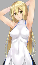 Rule 34 | 10s, 1girl, :o, aiz wallenstein, armpits, arms behind head, arms up, bare arms, bare shoulders, blonde hair, breasts, covered erect nipples, covered navel, dress, dungeon ni deai wo motomeru no wa machigatteiru darou ka, female focus, grey background, hair between eyes, isshiki (ffmania7), long hair, looking at viewer, open mouth, pleated dress, simple background, sleeveless, sleeveless dress, sleeveless turtleneck, solo, standing, sword oratoria, turtleneck, white dress, yellow eyes