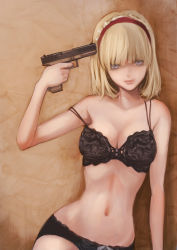 Rule 34 | 1girl, alice margatroid, bare shoulders, black bra, black panties, blonde hair, blue eyes, bow, bow panties, bra, breasts, cleavage, commentary request, eyelashes, glock, gun, gun to head, hairband, handgun, holding, holding gun, holding weapon, koh (minagi kou), lace, lace bra, lace panties, lips, looking at viewer, md5 mismatch, medium breasts, navel, panties, revision, short hair, smile, solo, strap slip, suicide, touhou, underwear, underwear only, weapon
