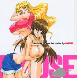 Rule 34 | 00s, 2girls, bent over, blonde hair, breast hold, breasts, brown eyes, brown hair, cleavage, cleavage cutout, clothing cutout, covered erect nipples, english text, engrish text, glasses, green eyes, huge breasts, itaba hiroshi, kuribayashi yayoi, large breasts, legs, long hair, looking at viewer, midriff, momozono mei, mouse (anime), multiple girls, one eye closed, ranguage, short shorts, shorts, simple background, smile, standing, thighs, underboob, white background, wink