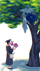 Rule 34 | 2boys, :d, bag, black eyes, bouquet, cape, crossed legs, dappled sunlight, diploma, dragon ball, dragonball z, dress, falling, flower, full body, gown, graduation, happy, hat, highres, in tree, index finger raised, looking down, male focus, mortarboard, multiple boys, open mouth, outstretched hand, piccolo, pink flower, pink ribbon, pink rose, pointy ears, profile, ray.r, ribbon, rose, simple background, sitting, sitting in tree, smile, son gohan, standing, sunlight, tree, tree shade, turban, white background, wide shot