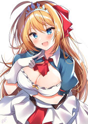 Rule 34 | 1girl, :d, absurdres, ahoge, ascot, blue eyes, blush, breast hold, breasts, cleavage, commentary request, dress, elbow gloves, fang, frilled sleeves, frills, gloves, heart, heart-shaped pupils, highres, large breasts, layered dress, long hair, looking at viewer, nenobi (nenorium), open mouth, orange hair, pecorine (princess connect!), pointing, pointing at self, princess connect!, puffy short sleeves, puffy sleeves, red ascot, short sleeves, skin fang, smile, solo, strapless, strapless dress, symbol-shaped pupils, tiara, very long hair, white dress, white gloves