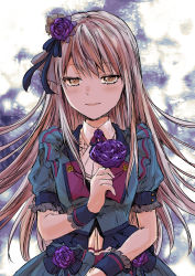 Rule 34 | 1girl, bang dream!, blue flower, blue rose, blush, dress, flower, frilled dress, frills, hair flower, hair ornament, highres, light smile, looking at viewer, marutsukko, minato yukina, rose, short sleeves, sketch, solo, standing, upper body, wrist cuffs, yellow eyes