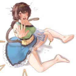 Rule 34 | 1girl, barefoot, blue dress, blush, breasts, brown hair, circlet, detached sleeves, dress, feet, female masturbation, green dress, highres, holding, large breasts, legs, long hair, low twintails, masturbation, monkey tail, multicolored clothes, multicolored dress, open mouth, red eyes, simple background, single detached sleeve, soles, solo, son biten, tail, toes, touhou, twintails, white background, white sleeves, wiaxixia, yellow dress