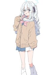Rule 34 | 1girl, blue archive, blue halo, blue serafuku, blue skirt, blush, brown cardigan, buttons, cardigan, cellphone, cowboy shot, feet out of frame, grey hair, halo, highres, holding, holding phone, long hair, long sleeves, miyako (blue archive), neckerchief, one side up, open mouth, phone, pink neckerchief, pleated skirt, purple eyes, sailor collar, school uniform, serafuku, simple background, skirt, smartphone, socks, solo, uchino maiko, white background, white sailor collar, white socks