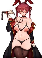 Rule 34 | 1girl, ball gag, bespectacled, black collar, bra, breasts, cleft of venus, collar, cupless bra, fur cuffs, gag, glasses, groin, heterochromia, highres, holding, holding tray, hololive, houshou marine, large areolae, large breasts, leash, leotard, navel, playboy bunny, red eyes, red hair, sex toy, simple background, solo, thighhighs, tray, twintails, underwear, varniskarnis, virtual youtuber, white background, wiffle gag, yellow eyes