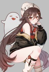Rule 34 | 1girl, bare shoulders, beanie, black jacket, blush, boo tao (genshin impact), breasts, brown hair, choker, commentary request, flower-shaped pupils, genshin impact, ghost, hair between eyes, hair ornament, hairclip, hat, highres, hu tao (galaxy store) (genshin impact), hu tao (genshin impact), jacket, kneehighs, licking lips, long hair, long sleeves, looking at viewer, off shoulder, official alternate costume, red eyes, red shirt, seiru (prairie), shirt, sidelocks, small breasts, smile, socks, symbol-shaped pupils, thighs, tongue, tongue out, twintails
