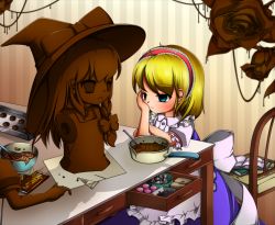 Rule 34 | 1girl, aged down, alice margatroid, apron, no arms, blonde hair, blue eyes, book, bow, braid, brand name imitation, candy, chocolate, chocolate bar, cookie cutter, drawer, expressionless, flower, food, hair bow, hairband, hat, head rest, highres, kakiikada, kirisame marisa, lolita hairband, long hair, meiji (brand), no arms, open book, pot, puffy short sleeves, puffy sleeves, rose, sack, sculpture, short hair, short sleeves, single braid, solo, striped, striped background, table, touhou, upper body, vertical stripes, witch hat