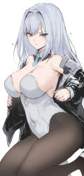 Rule 34 | 1girl, ?, black jacket, blue eyes, blue hair, blush, breasts, brown pantyhose, cleavage, closed mouth, detached collar, ethel (xenoblade), haoni, highres, jacket, large breasts, leotard, long hair, looking at viewer, pantyhose, playboy bunny, revision, simple background, solo, sweatdrop, white background, white leotard, xenoblade chronicles (series), xenoblade chronicles 3