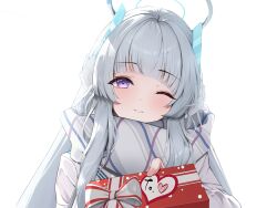 Rule 34 | 1girl, arched bangs, blue archive, blush, bow, box, cyken (cyken0718), dot nose, gift, gift box, gift wrapping, halo, headgear, holding, holding gift, incoming gift, long hair, looking at viewer, noa (blue archive), one eye closed, parted lips, plaid, plaid scarf, purple eyes, ribbon, scarf, simple background, solo, upper body, white background, white hair