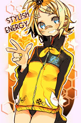 Rule 34 | 1girl, bad id, bad pixiv id, blonde hair, blue eyes, grin, hair ornament, hair ribbon, hairclip, headset, jacket, kagamine rin, poyopoyo23, project diva, project diva (series), project diva f, ribbon, short hair, smile, solo, stylish energy (vocaloid), v, vocaloid