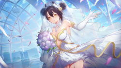 Rule 34 | 1girl, agent (girls&#039; frontline), black hair, breasts, bridal veil, cleavage, commission, double bun, dress, elbow gloves, girls&#039; frontline, gloves, hair bun, highres, jewelry, ring, sangvis ferri, second-party source, solo, takeno (hashi falcon), veil, wedding band, wedding dress, yellow eyes