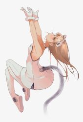 Rule 34 | 1girl, arms up, bare shoulders, boots, breasts, brown eyes, choker, commentary request, dress, from side, full body, gloves, hairband, light brown hair, long hair, looking up, mechanical tail, original, profile, russian commentary, shikkuro69, simple background, small breasts, solo, tail, white background, white dress, white gloves
